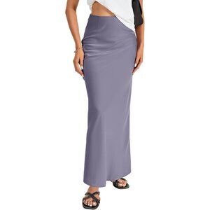 Womens Dark Purple Elegant Satin Silky High Waist Zipper Flowy A Line Maxi Skirt